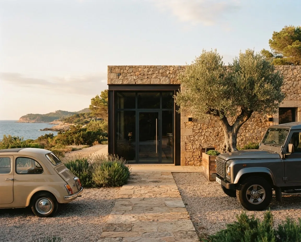 Coches aparcados junto a una casa de piedra en la costa mediterránea